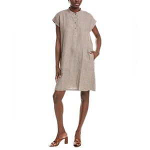 Eileen Fisher Organic Linen Mandarin Collar Shirt Dress in Stone, size Large